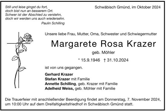 Todesanzeige von Margarete Rosa Krazer von trauer.de