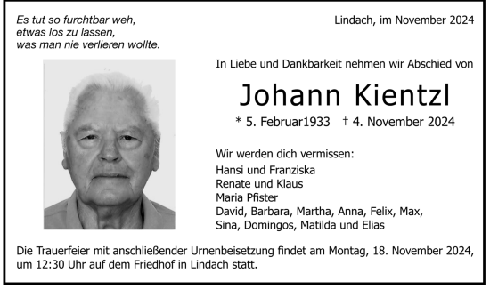 Todesanzeige von Johann Kientzl von trauer.de