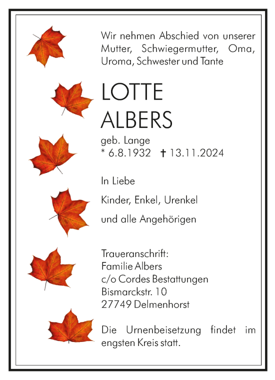 Todesanzeige von Lotte Albers von trauer.de