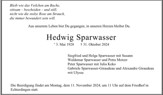 Todesanzeige von Hedwig Sparwasser von Trauer.de