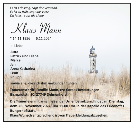 Todesanzeige von Klaus Mann von trauer.de