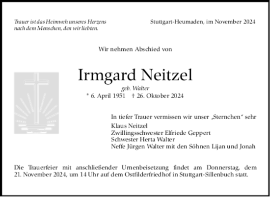 Todesanzeige von Irmgard Neitzel von trauer.de