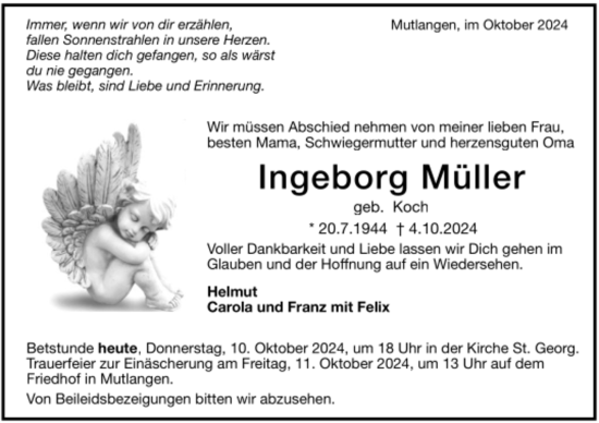 Todesanzeige von Ingeborg Müller von trauer.de