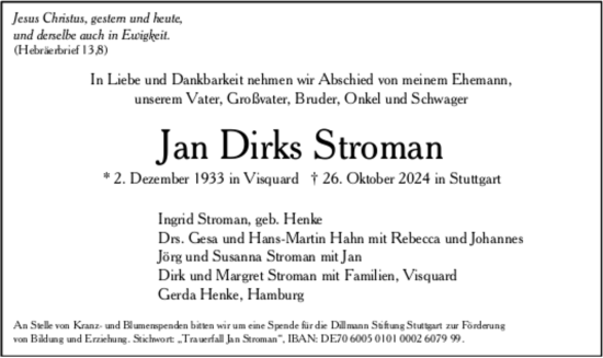 Todesanzeige von Jan Dirks Stroman von trauer.de