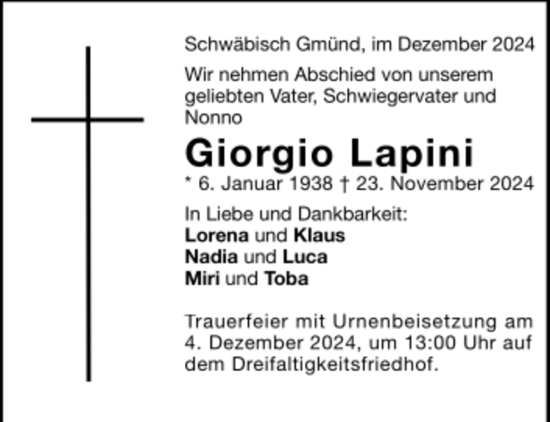 Todesanzeige von Giorgio Lapini von Trauer.de