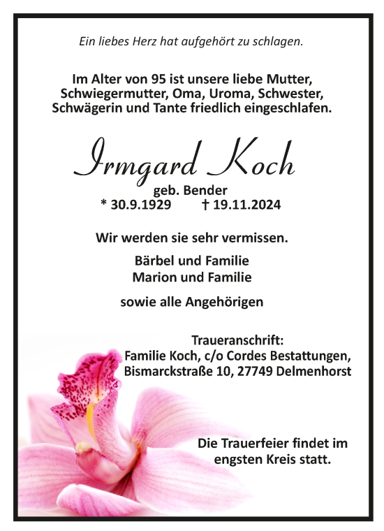 Todesanzeige von Irmgard Koch von Trauer.de