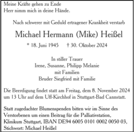 Todesanzeige von Michael Hermann Heißel von trauer.de