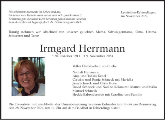 Todesanzeige von Irmgard Herrmann von Trauer.de