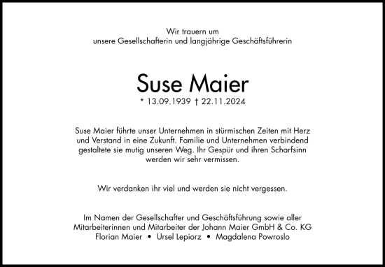 Todesanzeige von Suse Maier von trauer.de