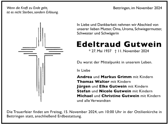 Todesanzeige von Edeltraud Gutwein 