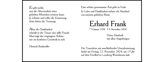 Todesanzeige von Erhard Frank von trauer.de