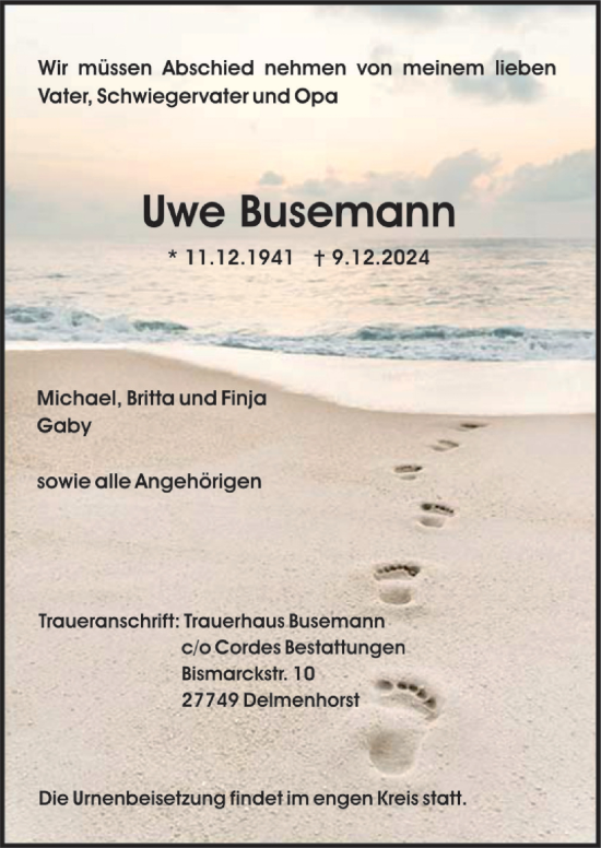 Todesanzeige von Uwe Busemann von trauer.de