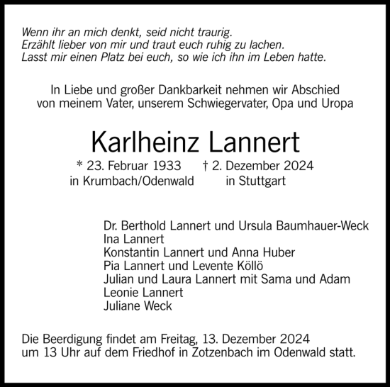 Todesanzeige von Karlheinz Lannert von trauer.de