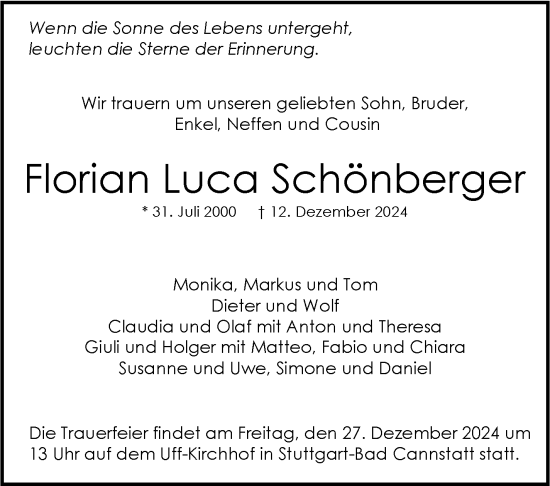 Todesanzeige von Florian Luca Schönberger von Trauer.de