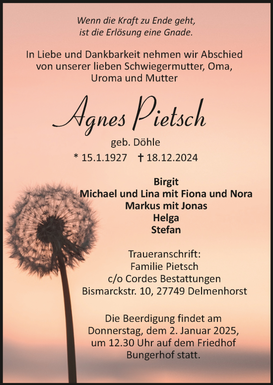 Todesanzeige von Agnes Pietsch von Trauer.de