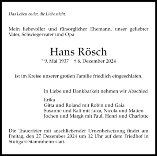 Todesanzeige von Hans Rösch von Trauer.de