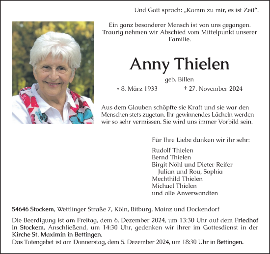 Todesanzeige von Anny Thielen von trierischer_volksfreund