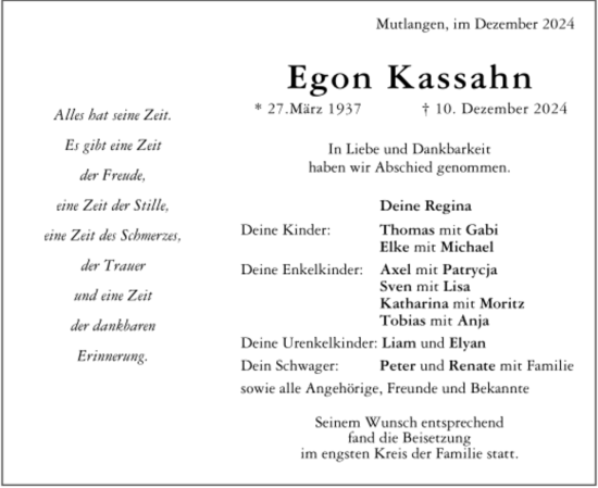 Todesanzeige von Egon Kassahn von Trauer.de