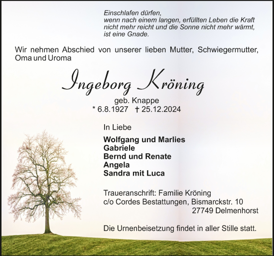 Todesanzeige von Ingeborg Kröning von Trauer.de