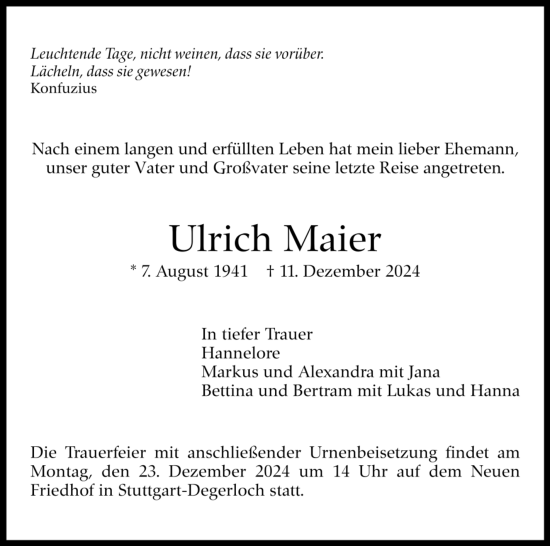 Todesanzeige von Ulrich Maier von trauer.de