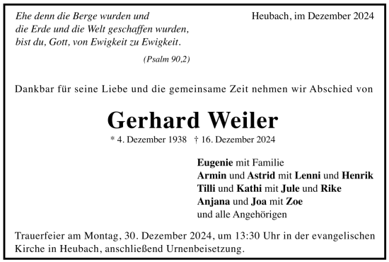 Todesanzeige von Gerhard Weiler von trauer.de