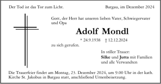 Todesanzeige von Adolf Mondl von Trauer.de