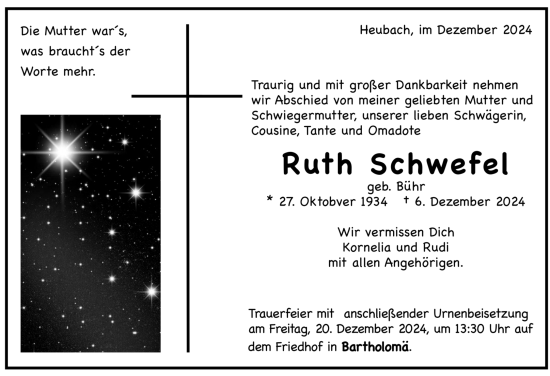 Todesanzeige von Ruth Schwefel von trauer.de