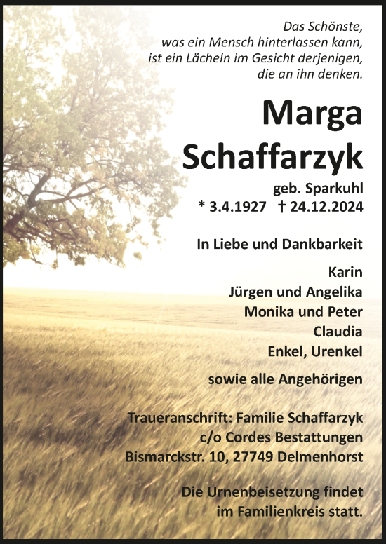 Todesanzeige von Marga Schaffarzyk von Trauer.de