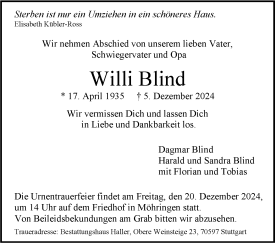 Todesanzeige von Willi Blind von trauer.de