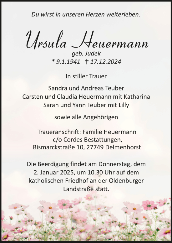 Todesanzeige von Ursula Heuermann von Trauer.de