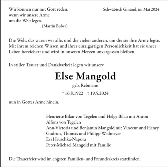 Todesanzeige von Else Mangold von Trauer.de