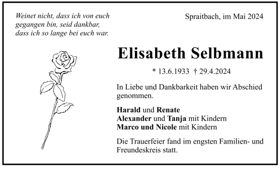 Todesanzeige von Elisabeth Selbmann von trauer.de