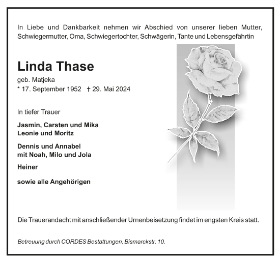 Todesanzeige von Linda Thase von Trauer.de