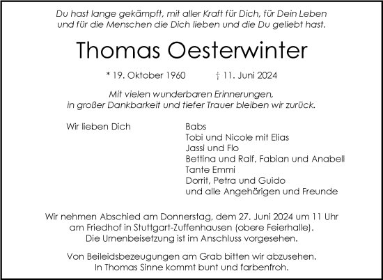 Todesanzeige von Thomas Oesterwinter von trauer.de
