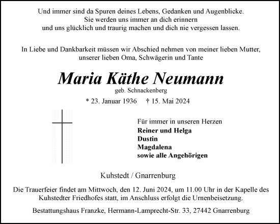 Todesanzeige von Maria Käthe Neumann von trauer.de