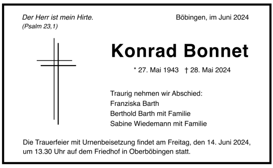 Todesanzeige von Konrad Bonnet von trauer.de