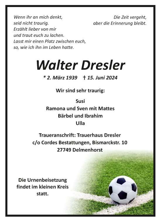Todesanzeige von Walter Dresler von trauer.de