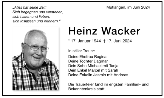 Todesanzeige von Heinz Wacker von trauer.de