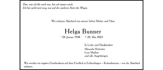 Todesanzeige von Helga Bunner von trauer.de