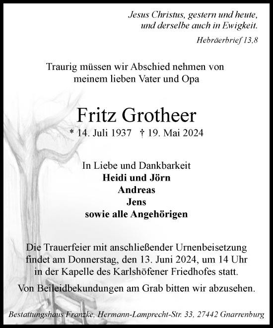 Todesanzeige von Fritz Grotheer von Trauer.de
