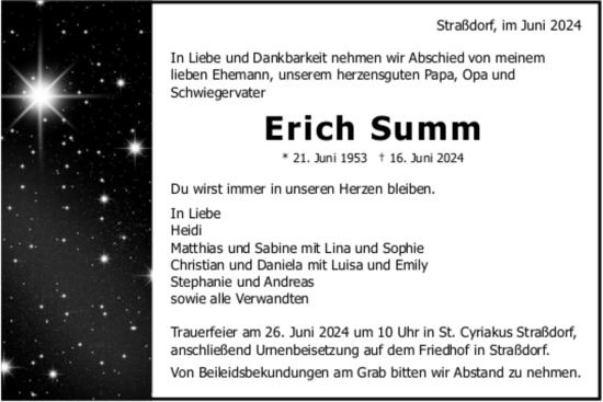 Todesanzeige von Erich Summ von trauer.de