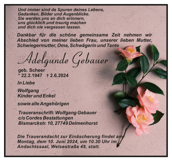 Todesanzeige von Adelgunde Gebauer von trauer.de