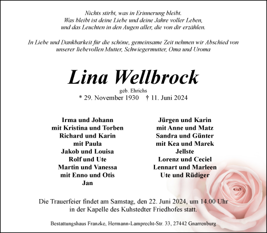 Todesanzeige von Lina Wellbrock von Trauer.de