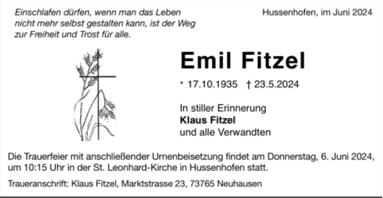 Todesanzeige von Emil Fitzel von Trauer.de