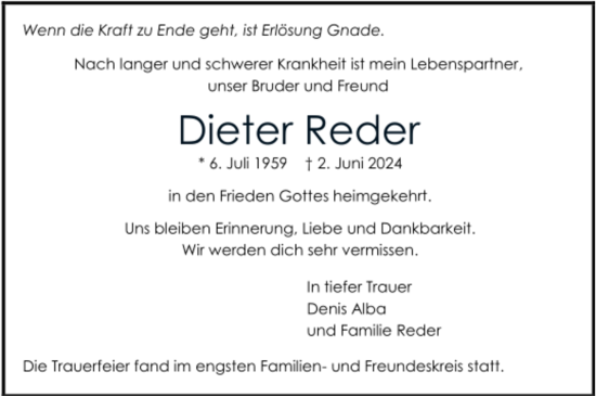 Todesanzeige von Dieter Reder von trauer.de