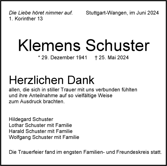 Todesanzeige von Klemens Schuster von trauer.de