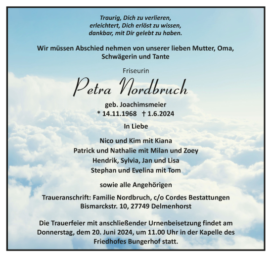 Todesanzeige von Petra Nordbruch von Trauer.de