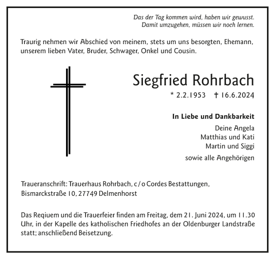 Todesanzeige von Siegfried Rohrbach von trauer.de