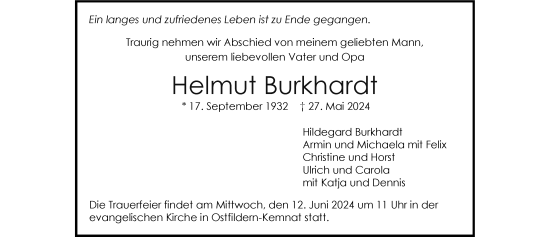 Todesanzeige von Helmut Burkhardt von trauer.de