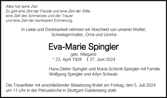 Todesanzeige von Eva-Marie Spingler von trauer.de